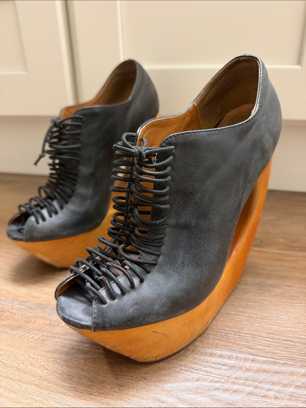 Jeffrey Campbell Black Leather Lace-Up Peep-Toe Wedge Heels